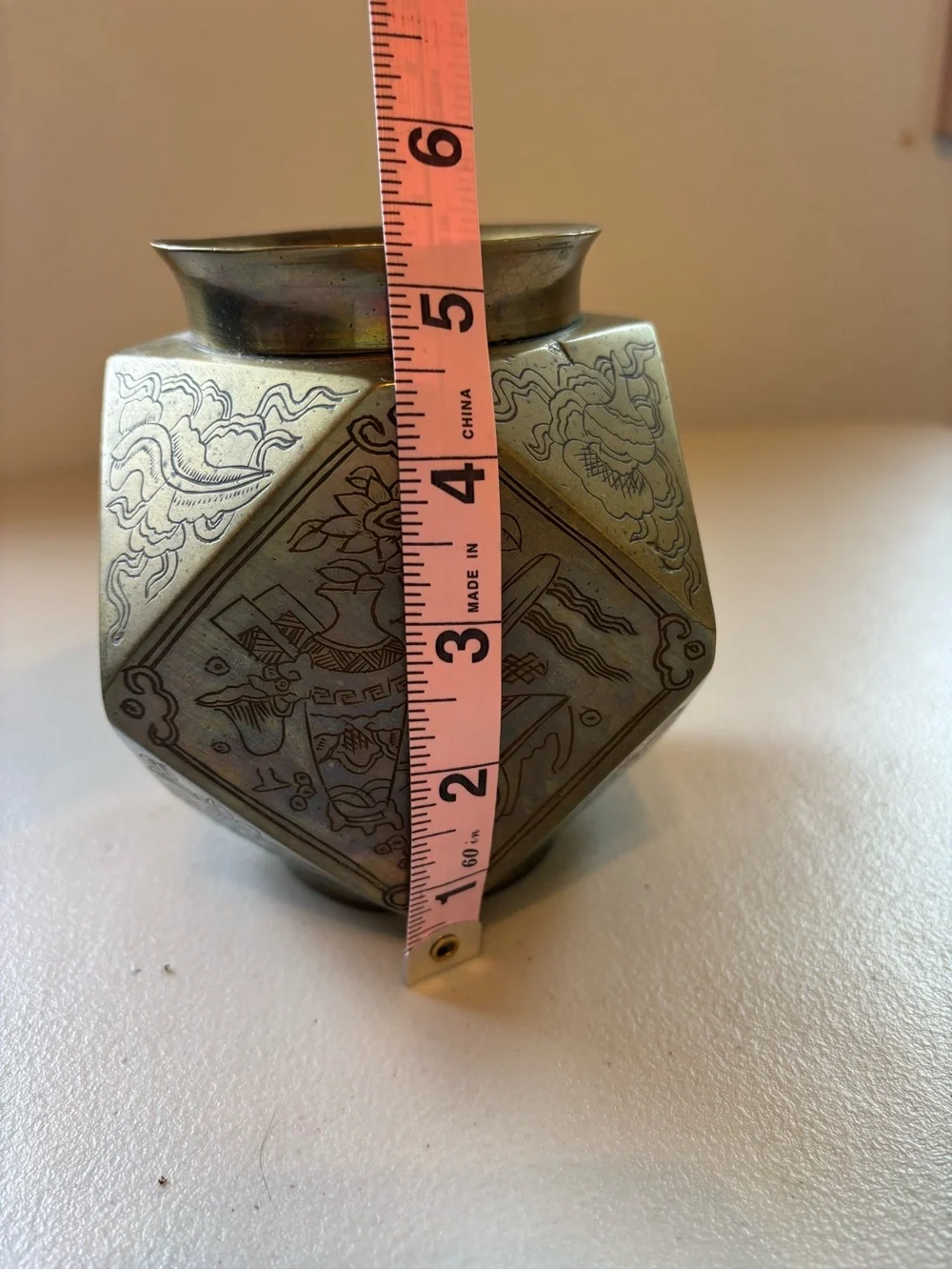 Antique 1940s Brass Hexagonal Decorative Vase - Brass Finish